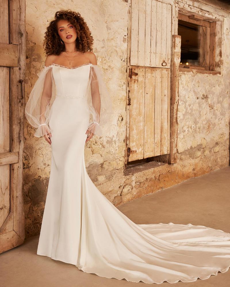 Lp2237 simple boho wedding dress with long sleeves and off the shoulder neckline3